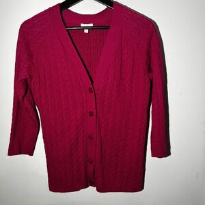 Talbots Fuchsia pink Cable-Knit Cardigan Sweater 100% Cotton Size S 3/4 Sleeve